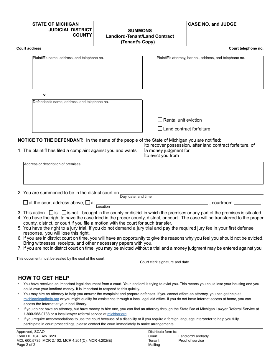 Form DC104 Summons - Landlord-Tenant / Land Contract - Michigan, Page 2