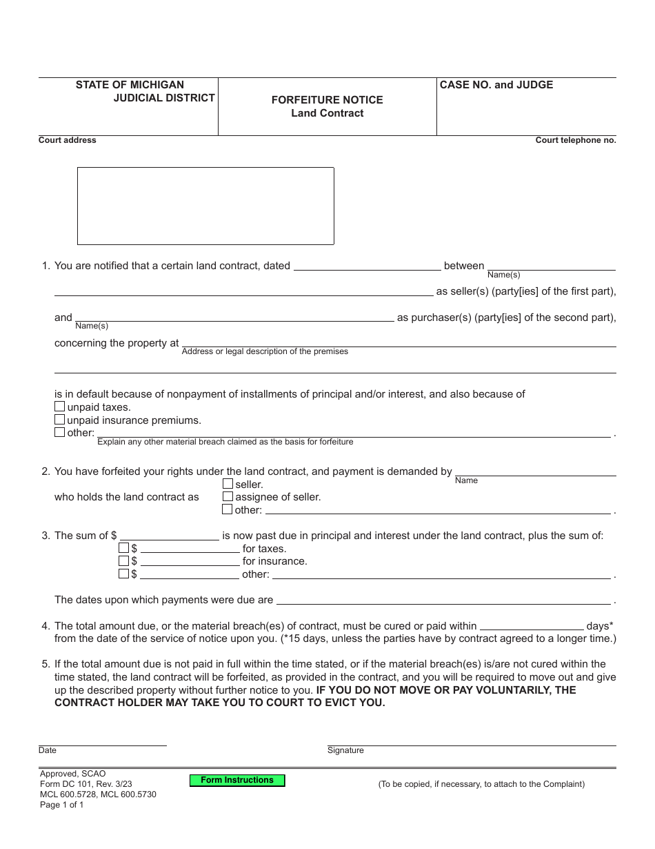 Form DC101 Forfeiture Notice - Land Contract - Michigan, Page 1