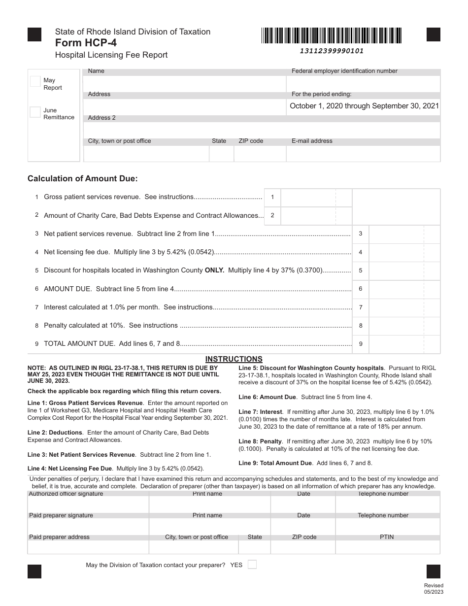 Form HCP-4 Hospital Licensing Fee Report - Rhode Island, Page 1