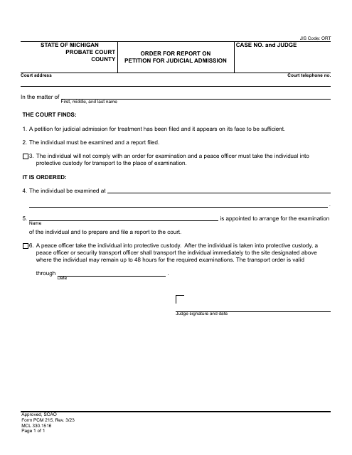 Form PCM215 Order for Report on Petition for Judicial Admission - Michigan