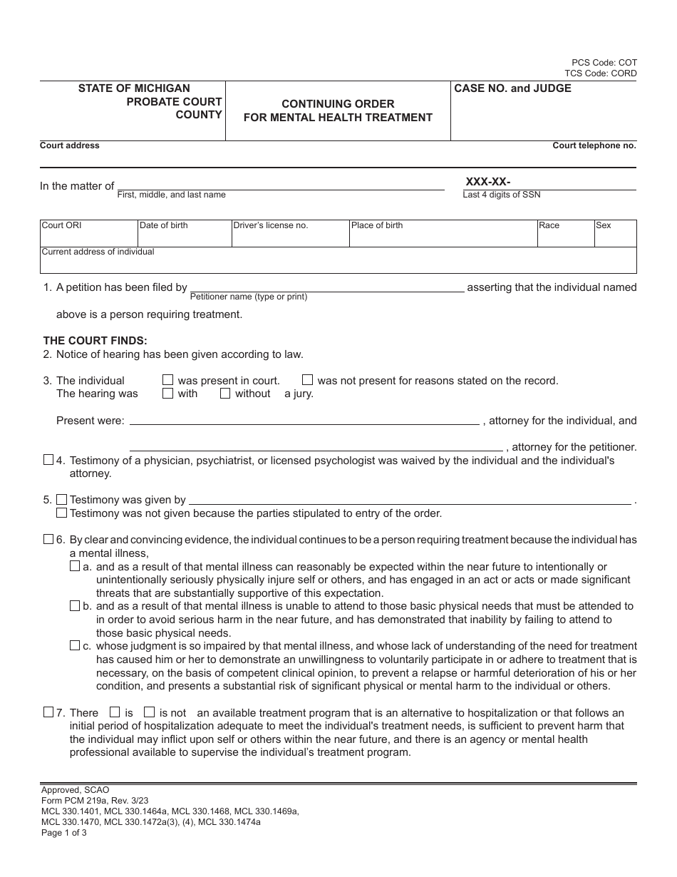 Form PCM219A Continuing Order for Mental Health Treatment - Michigan, Page 1