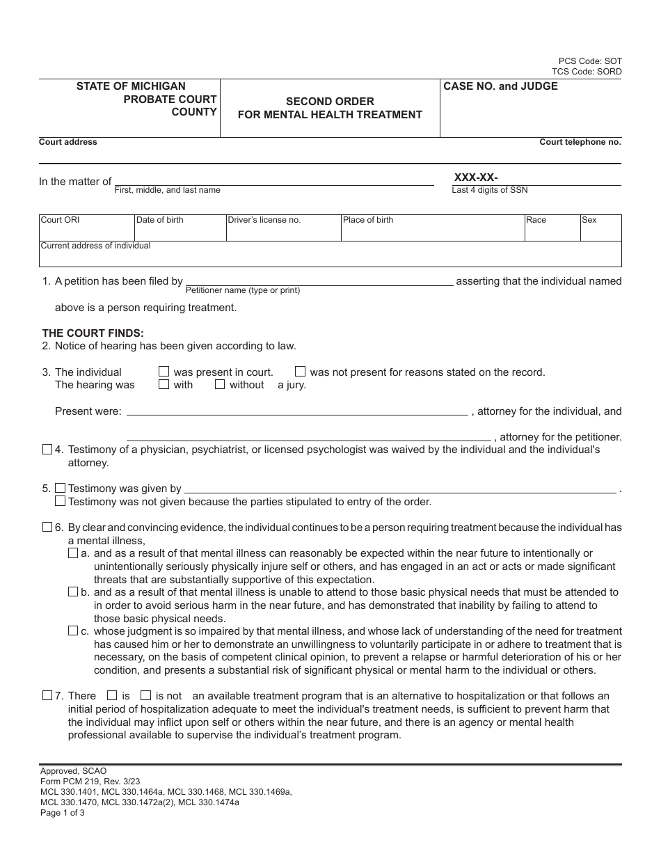 Form PCM219 Download Fillable PDF or Fill Online Second Order for ...