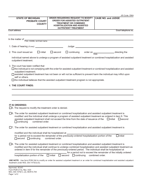 Form PCM217A Order Regarding Request to Modify Order for Assisted Outpatient Treatment or Combined Hospitalization and Assisted Outpatient Treatment - Michigan
