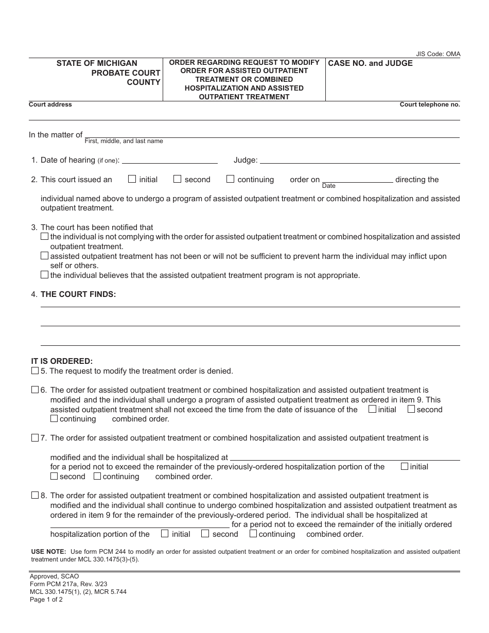 Form PCM217A Order Regarding Request to Modify Order for Assisted Outpatient Treatment or Combined Hospitalization and Assisted Outpatient Treatment - Michigan, Page 1