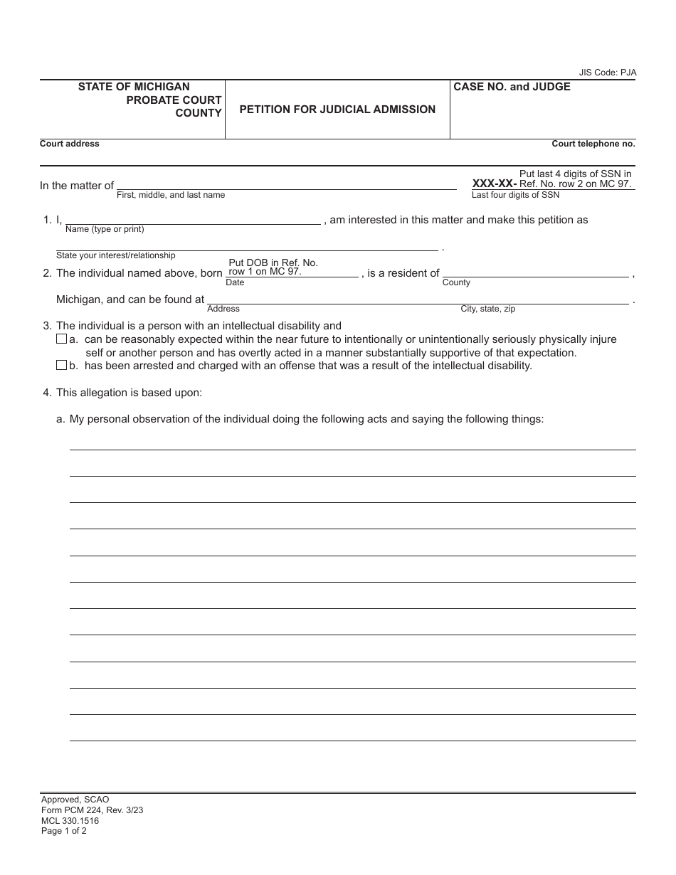 Form PCM224 Petition for Judicial Admission - Michigan, Page 1