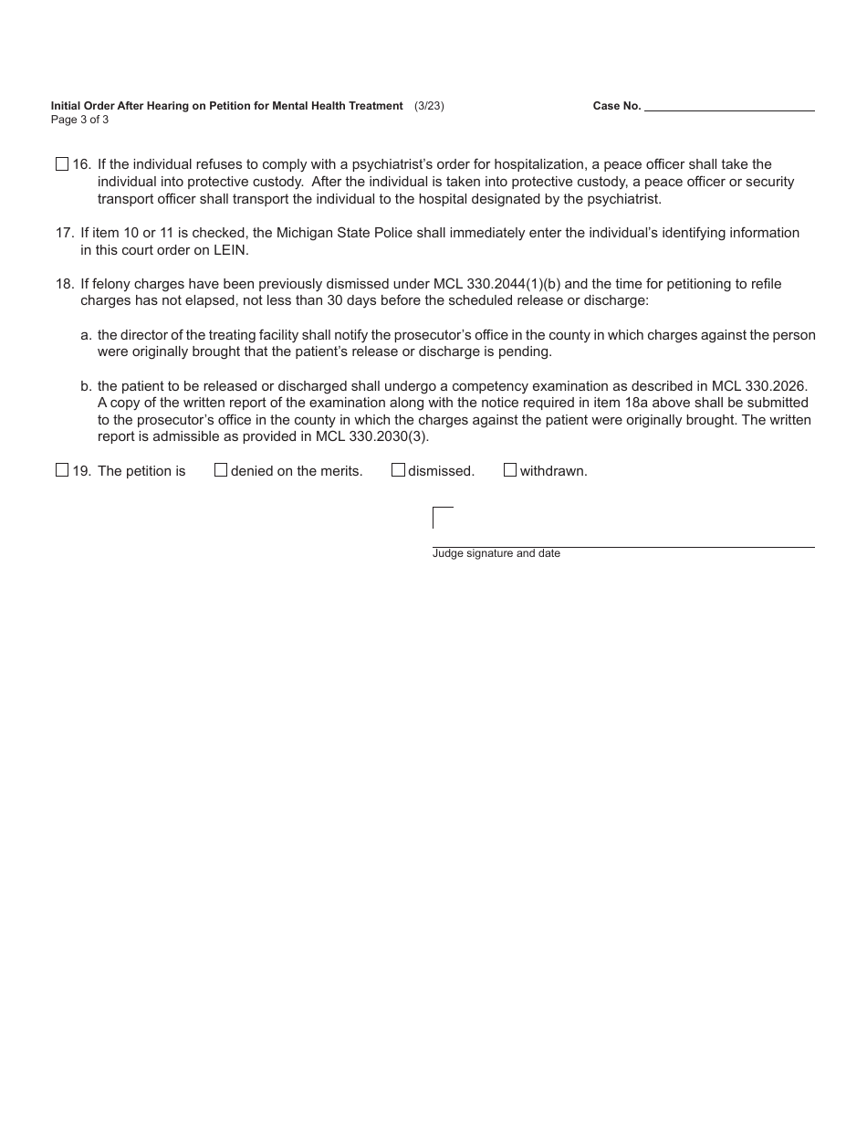 Form PCM214 Initial Order After Hearing on Petition for Mental Health Treatment - Michigan, Page 3