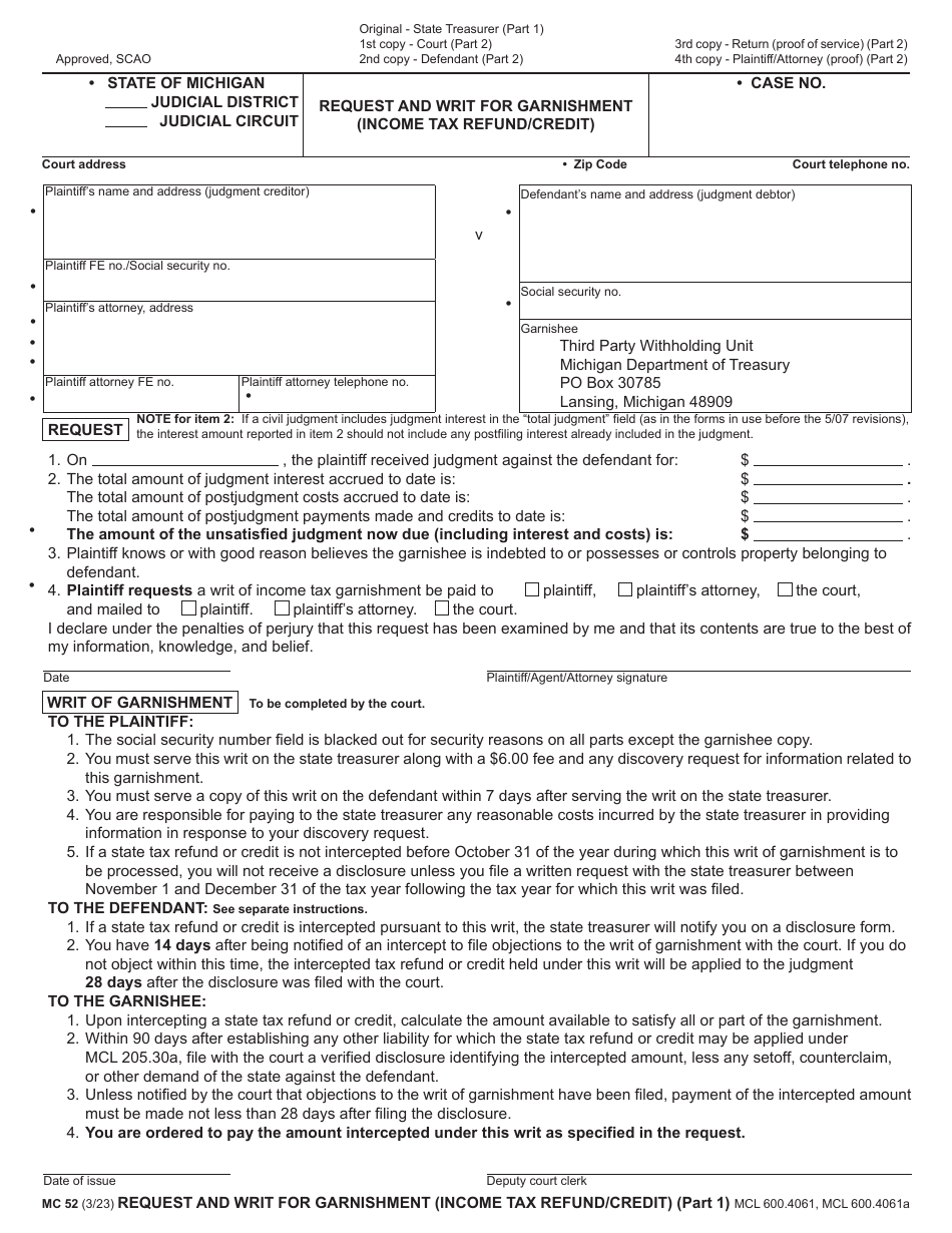 Form MC52 Request and Writ for Garnishment (Income Tax Refund / Credit) - Michigan, Page 1
