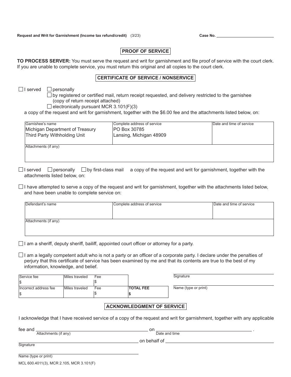 Form MC52 Request and Writ for Garnishment (Income Tax Refund / Credit) - Michigan, Page 4