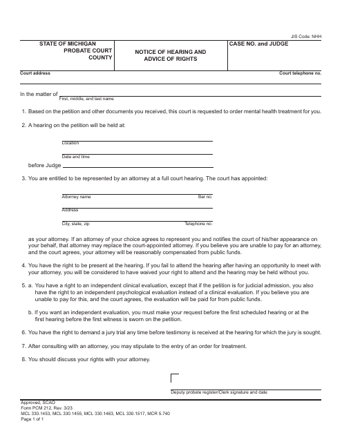 Form PCM212 Notice of Hearing and Advice of Rights - Michigan