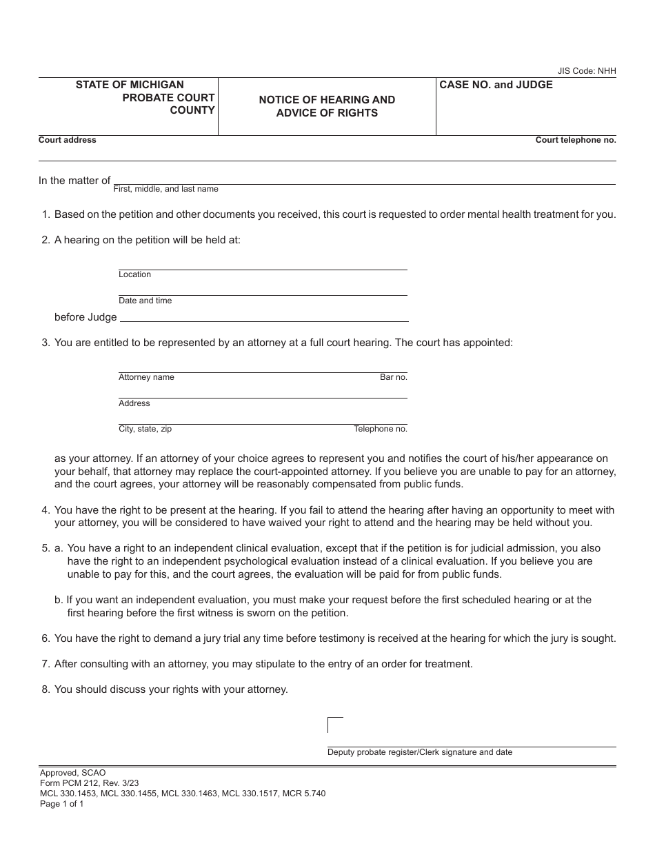 Form PCM212 Notice of Hearing and Advice of Rights - Michigan, Page 1