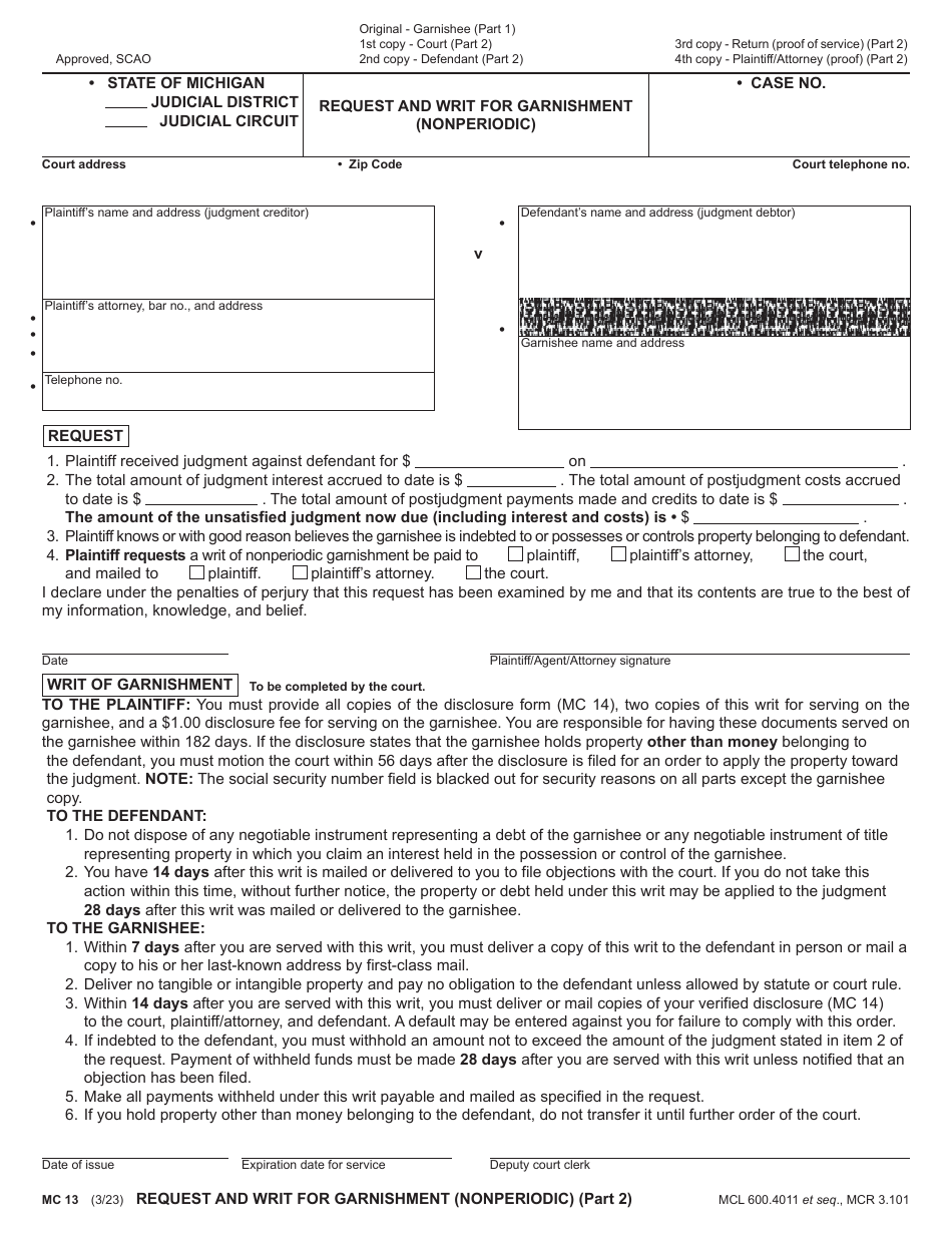 Form MC13 Request and Writ for Garnishment (Nonperiodic) - Michigan, Page 2