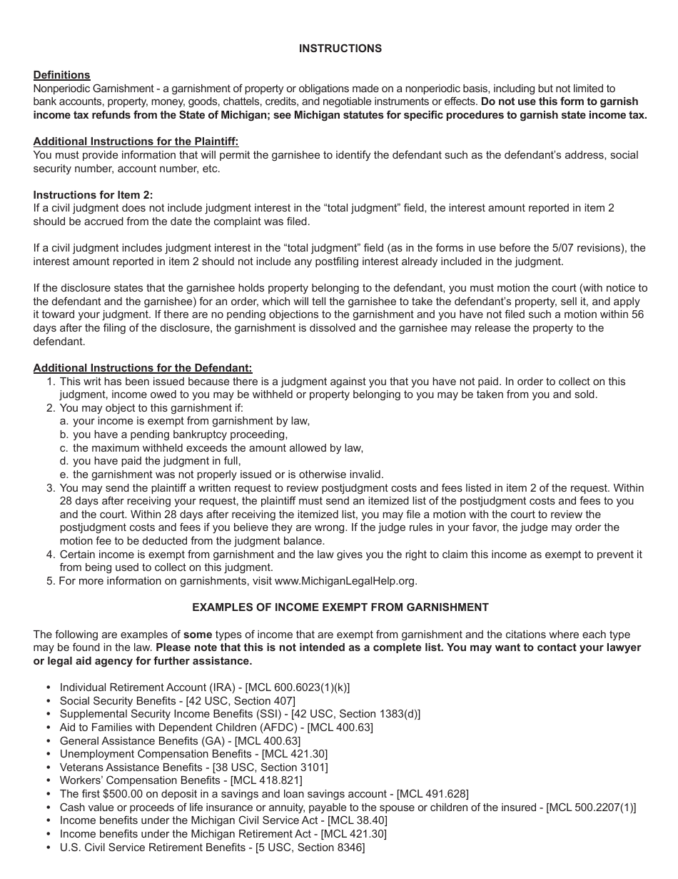 Form MC13 Request and Writ for Garnishment (Nonperiodic) - Michigan, Page 3
