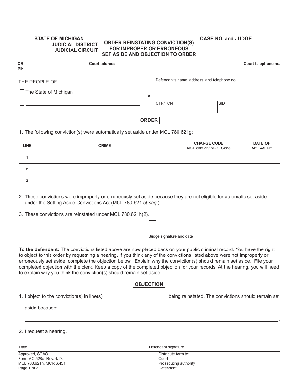 Form MC528A - Fill Out, Sign Online and Download Fillable PDF, Michigan ...