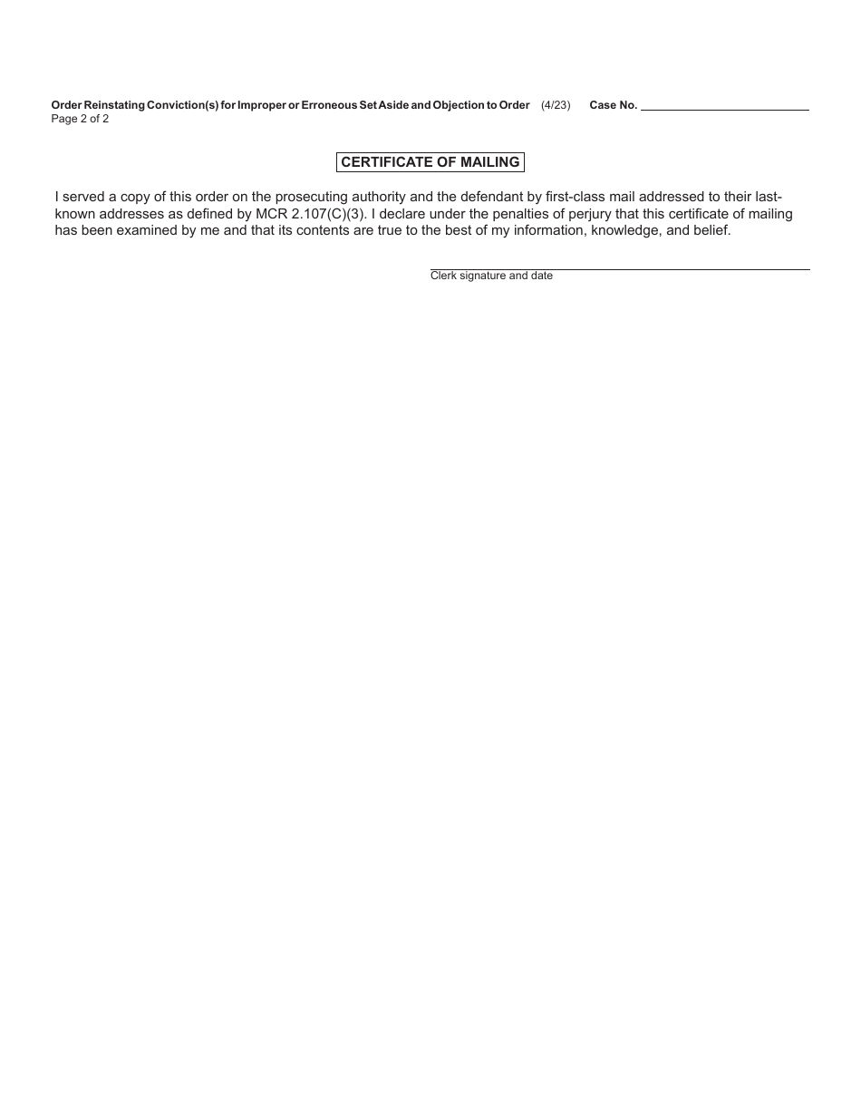 Form MC528A Order Reinstating Conviction(S) for Improper or Erroneous Set Aside and Objection to Order - Michigan, Page 2