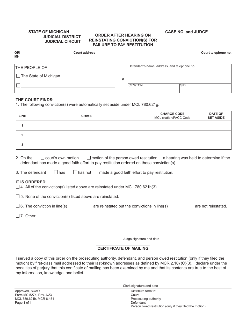 Form MC527B - Fill Out, Sign Online and Download Fillable PDF, Michigan ...