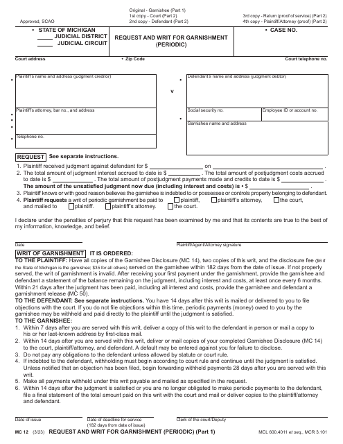 Form MC12 Request and Writ for Garnishment (Periodic) - Michigan