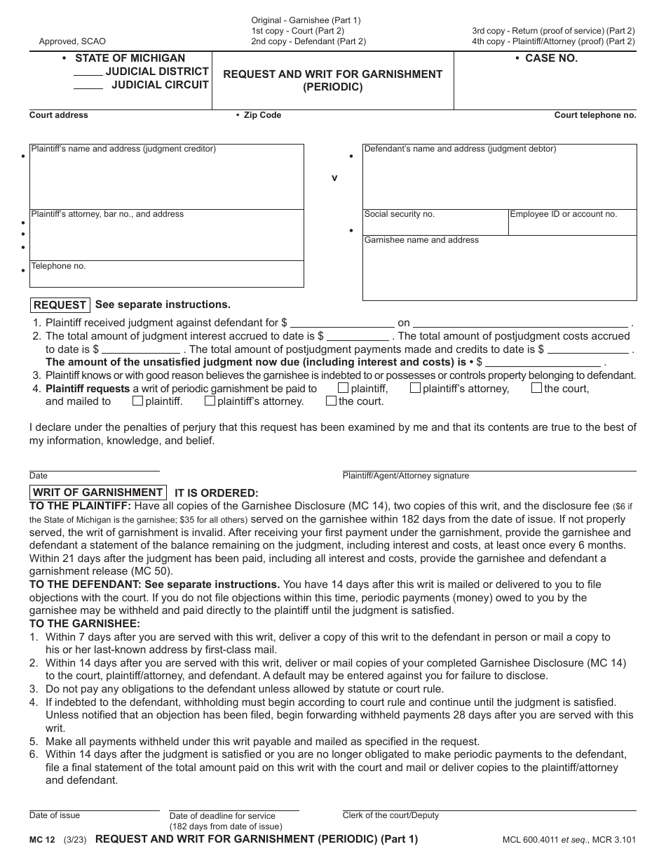 Form MC12 Download Fillable PDF or Fill Online Request and Writ for ...