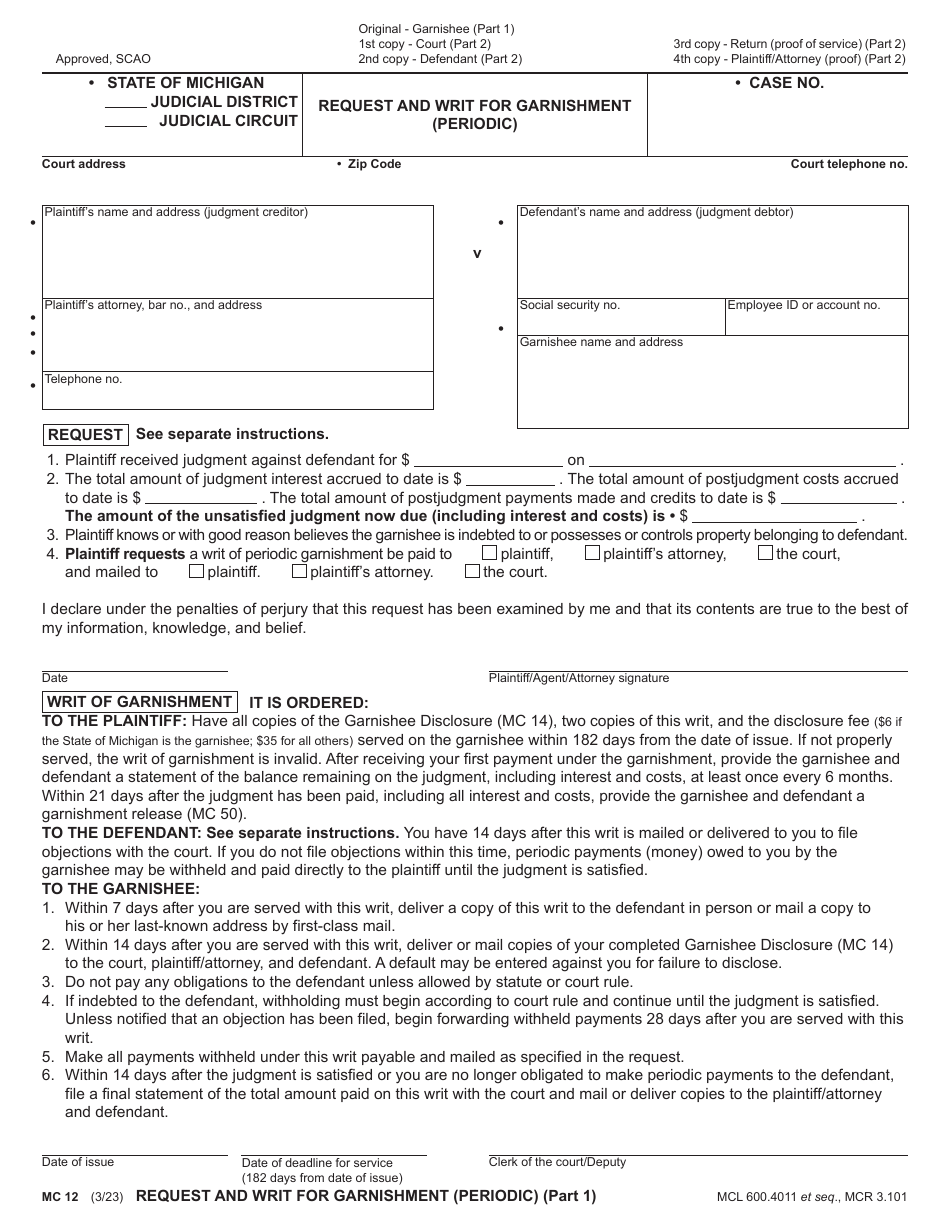 Form MC12 Request and Writ for Garnishment (Periodic) - Michigan, Page 1