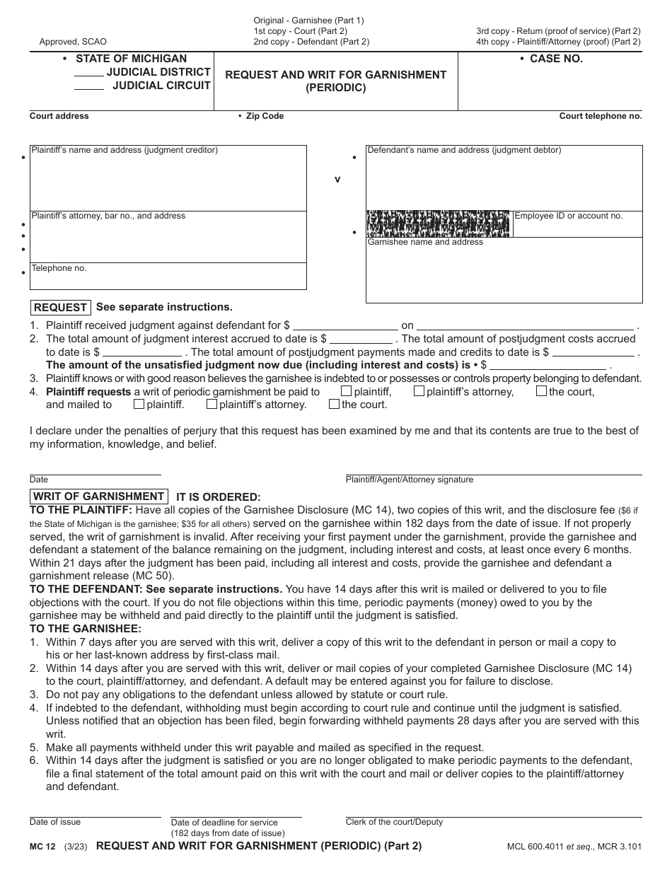 Form MC12 Request and Writ for Garnishment (Periodic) - Michigan, Page 2
