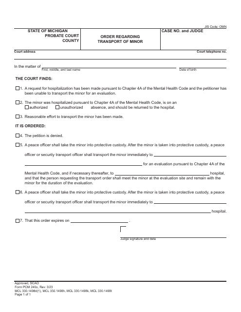 Form PCM240O Order Regarding Transport of Minor - Michigan