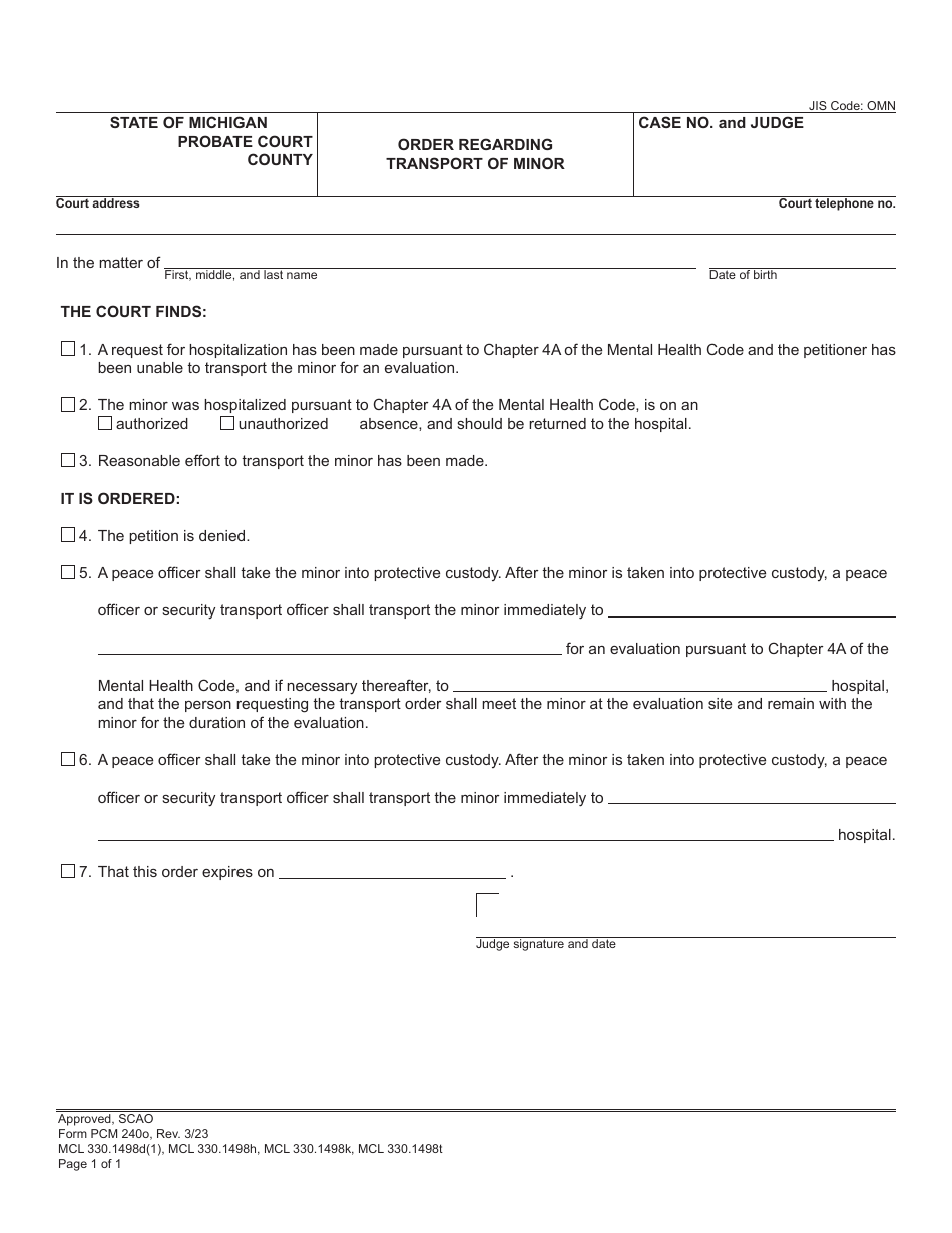 Form PCM240O Order Regarding Transport of Minor - Michigan, Page 1