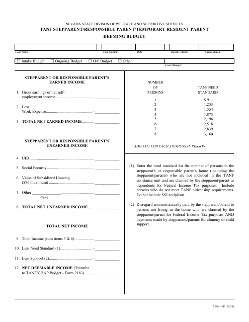 Form 2596-EE TANF Stepparent/Responsible Parent/Temporary Resident Parent Deeming Budget - Nevada