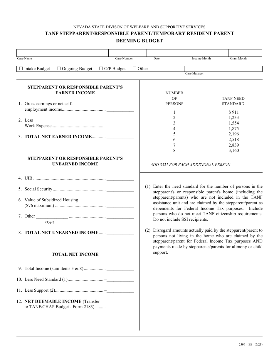 Form 2596EE Download Printable PDF or Fill Online TANF Stepparent