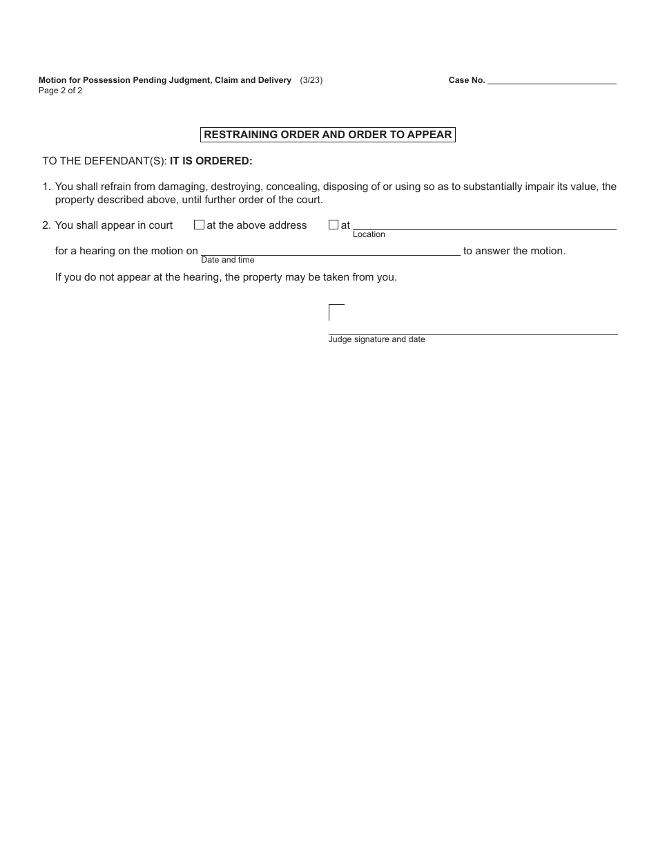 Form MC36 Motion for Possession Pending Judgment - Claim and Delivery - Michigan, Page 2