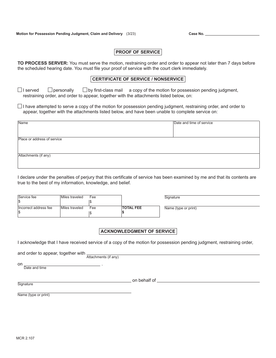 Form MC36 Motion for Possession Pending Judgment - Claim and Delivery - Michigan, Page 3