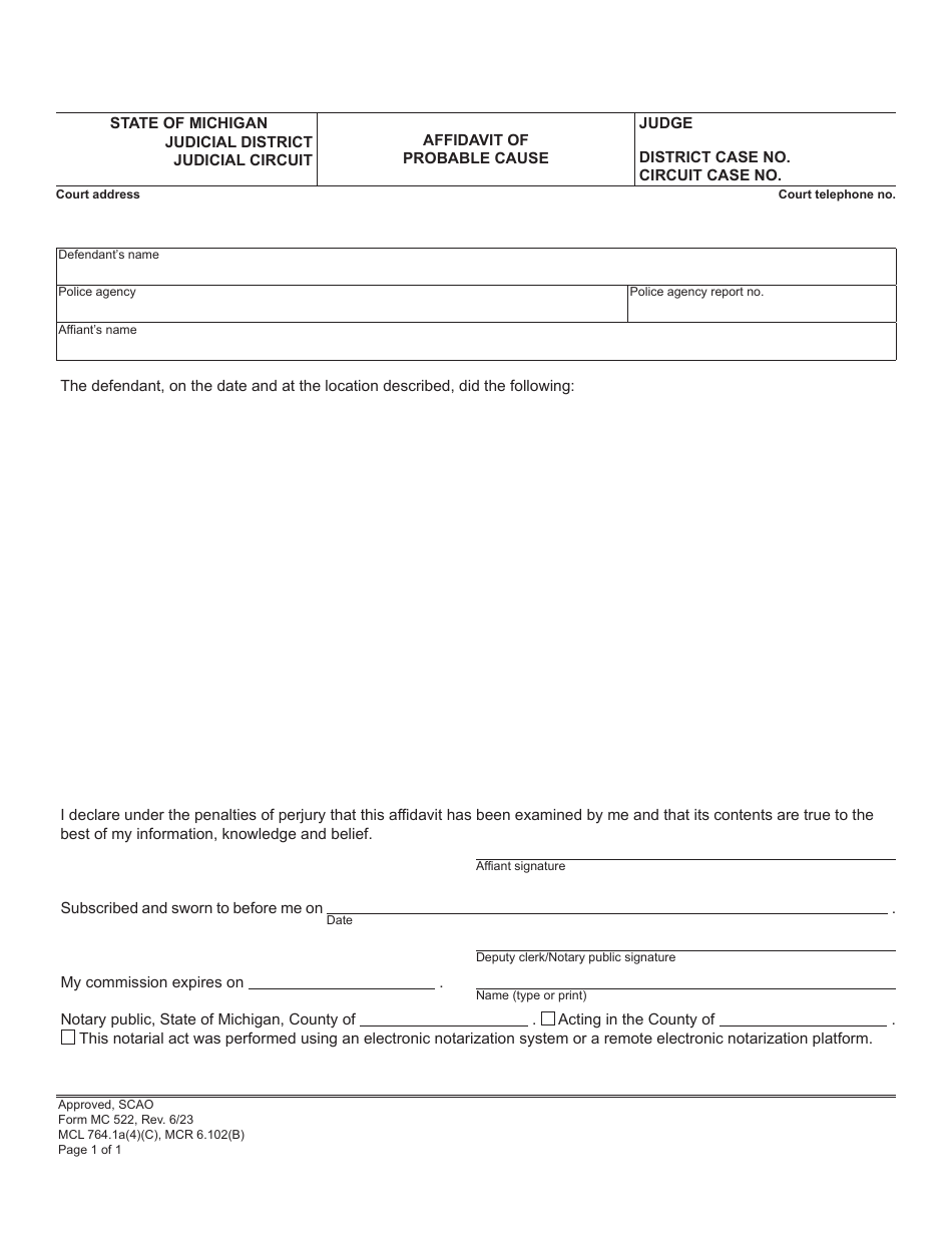 Form MC522 Affidavit of Probable Cause - Michigan, Page 1