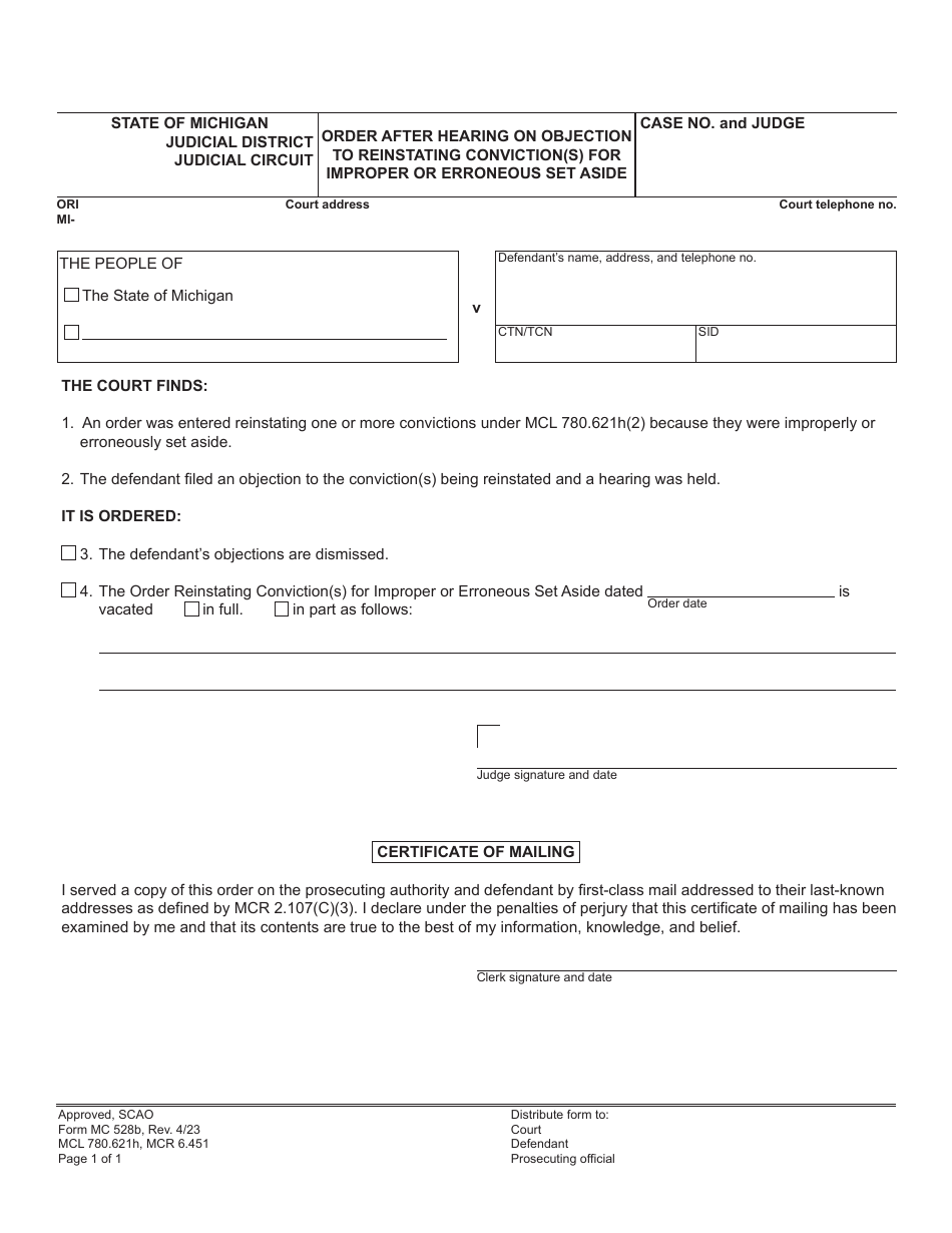 Form MC528B - Fill Out, Sign Online and Download Fillable PDF, Michigan ...