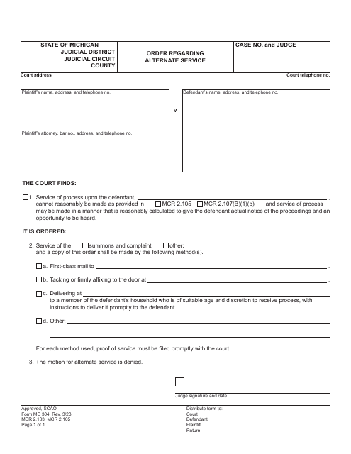 Form MC304 Order Regarding Alternate Service - Michigan