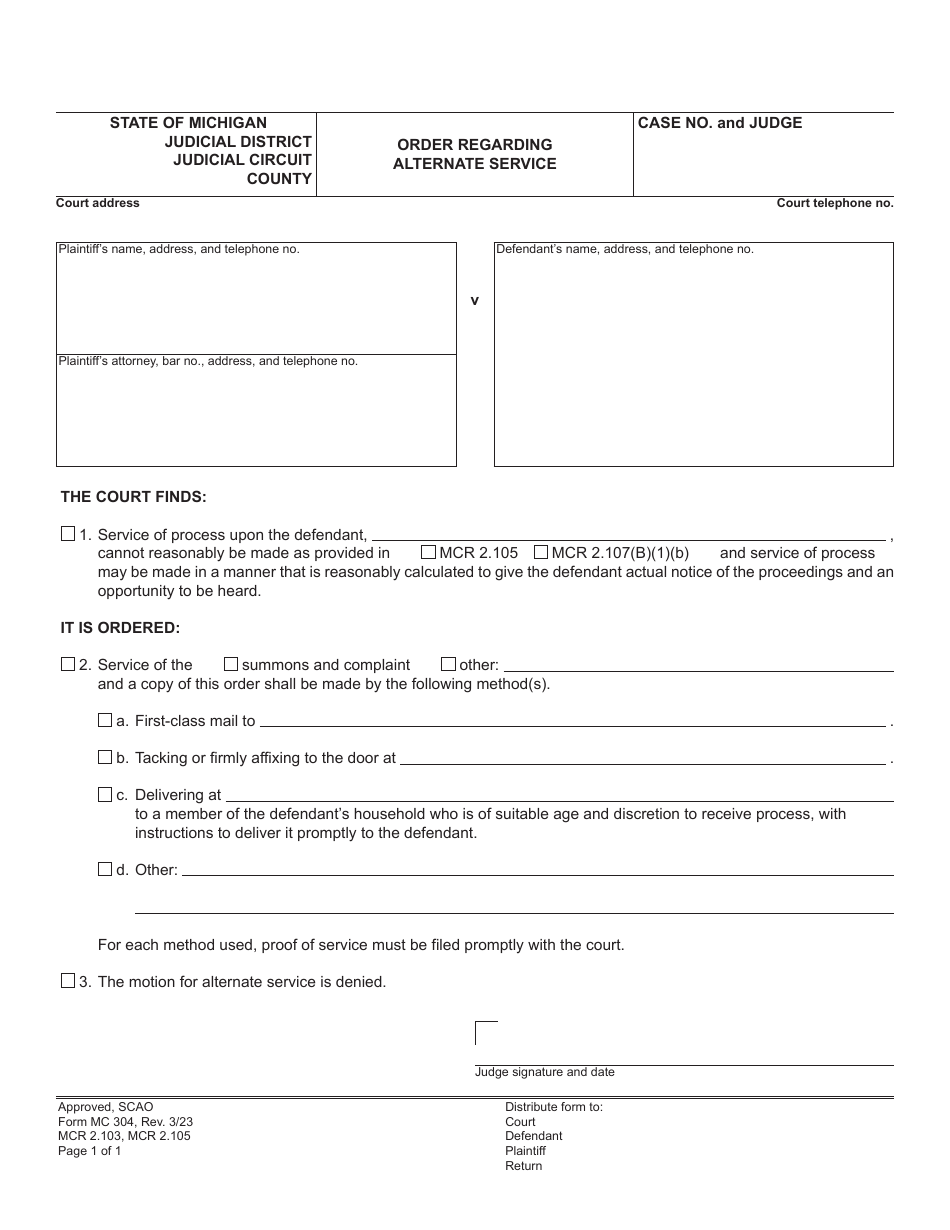 Form MC304 Download Fillable PDF or Fill Online Order Regarding Alternate Service, Michigan 2009