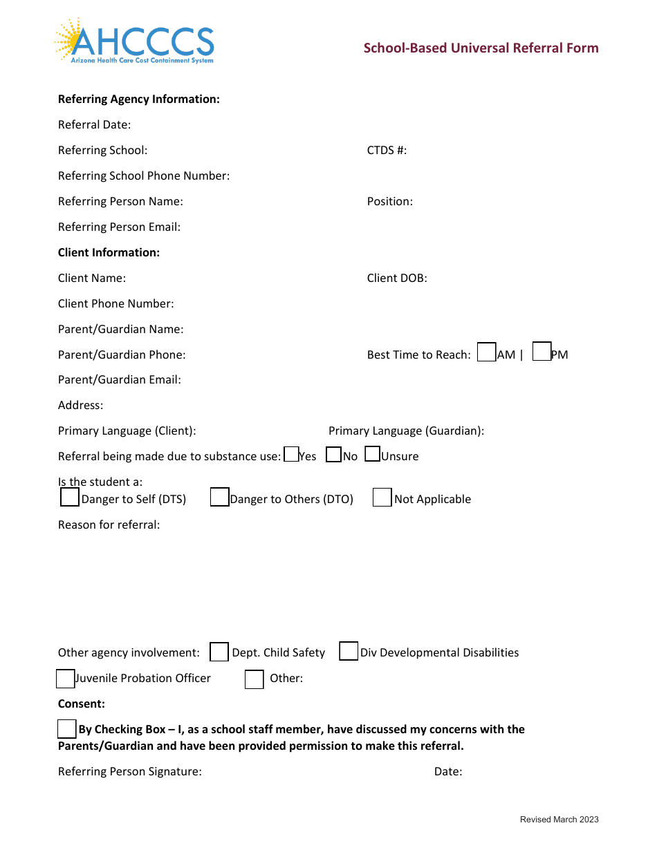 School-Based Universal Referral Form - Arizona, Page 1