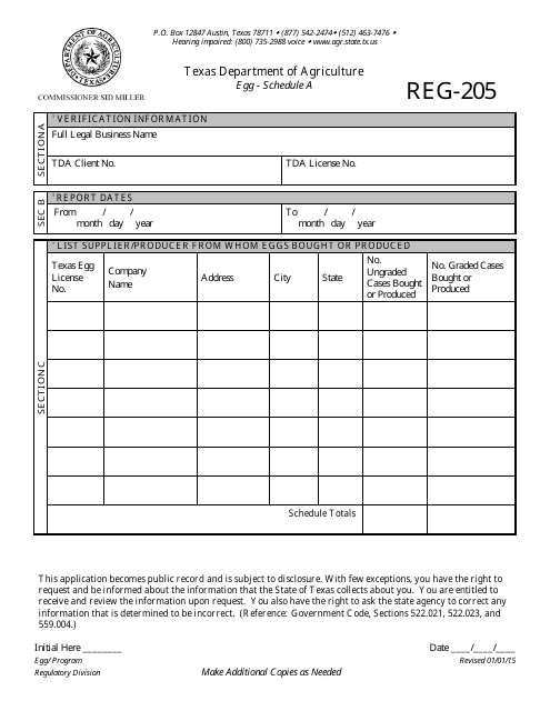 Form REG-205 Schedule A Additional Suppliers/Producers - Egg Program - Texas