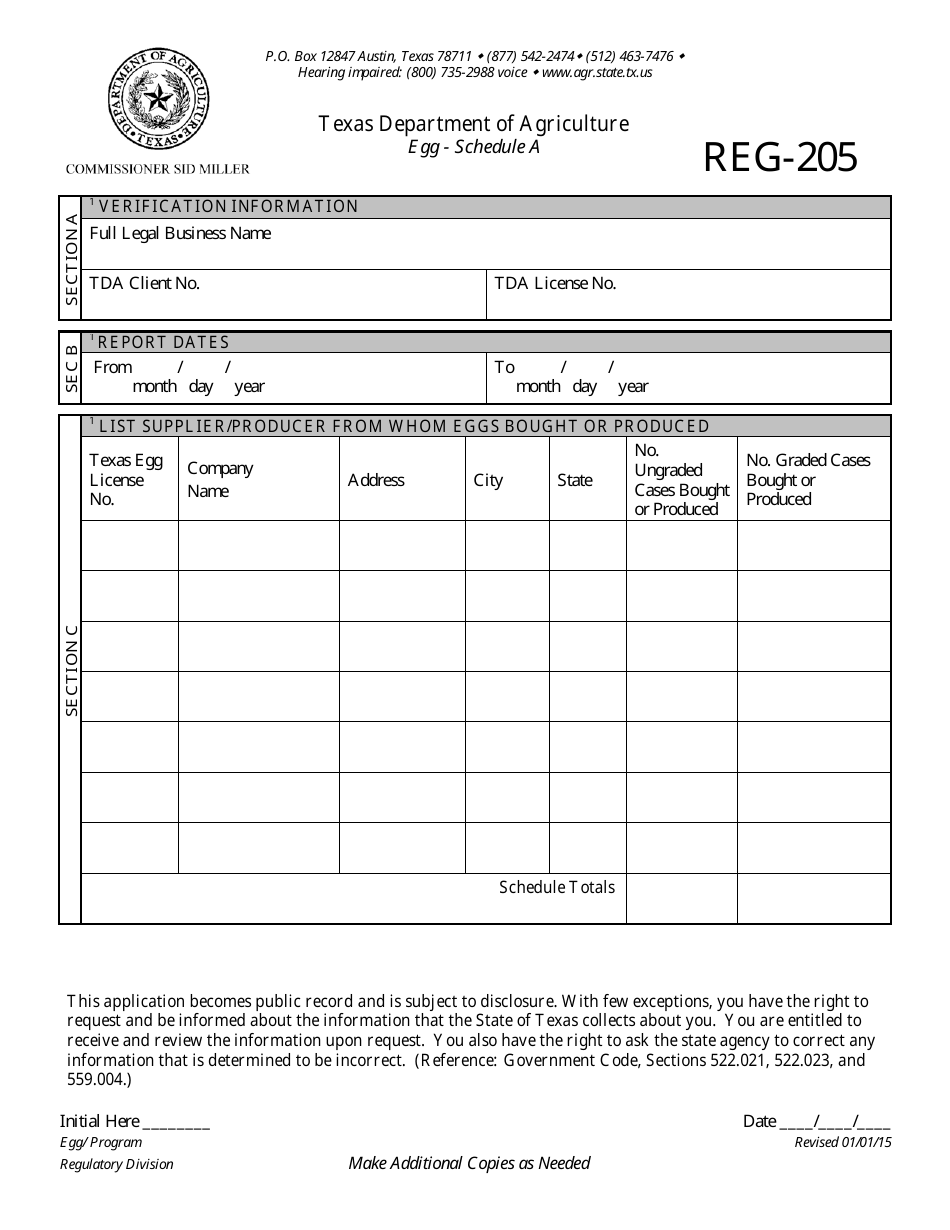 Form REG-205 Schedule A Additional Suppliers / Producers - Egg Program - Texas, Page 1