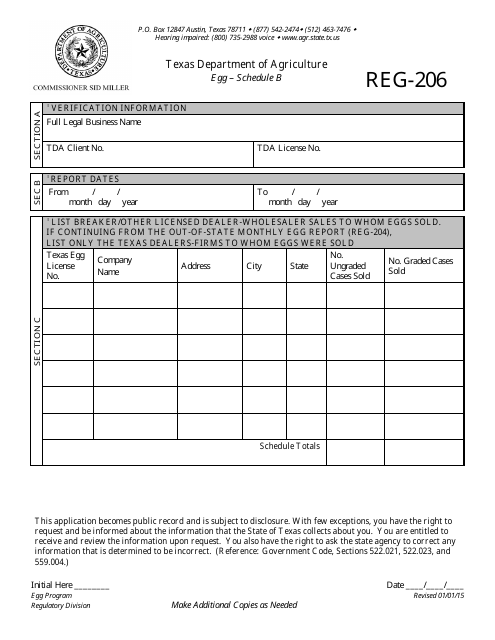 Form REG-206 Schedule B Additional Breaker/Other Dealer-Wholesaler - Egg Program - Texas