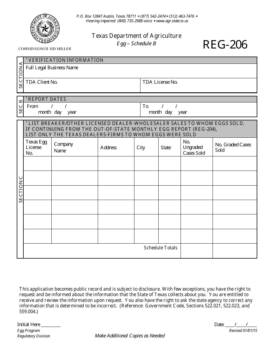Form REG-206 Schedule B Additional Breaker / Other Dealer-Wholesaler - Egg Program - Texas, Page 1
