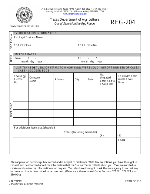 Form REG-204 Out-of-State Licensee Monthly Egg Report - Egg Program - Texas