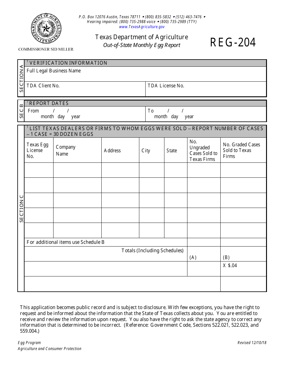Form REG-204 Out-of-State Licensee Monthly Egg Report - Egg Program - Texas, Page 1