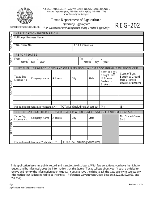Form REG-202 Quarterly Egg Report (For Licensees Purchasing and Selling Graded Eggs Only) - Egg Program - Texas