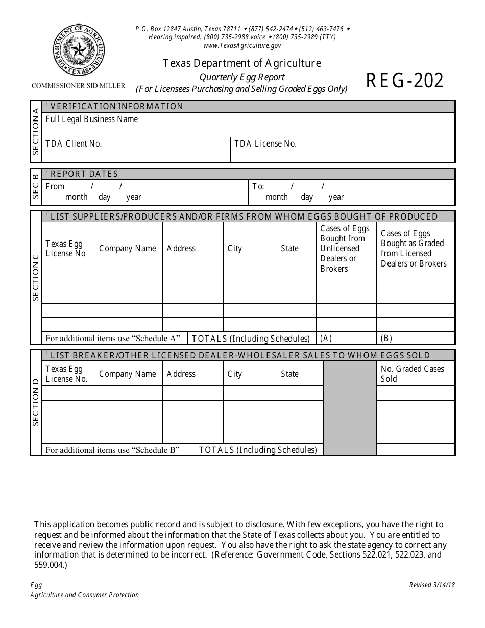 Form REG-202 Quarterly Egg Report (For Licensees Purchasing and Selling Graded Eggs Only) - Egg Program - Texas, Page 1