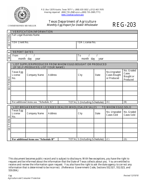 Form REG-203 Monthly Egg Report for Dealer/Wholesalers - Egg Program - Texas