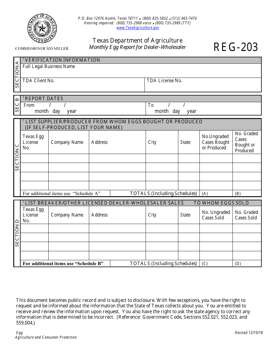 Form REG-203 Monthly Egg Report for Dealer / Wholesalers - Egg Program - Texas, Page 1