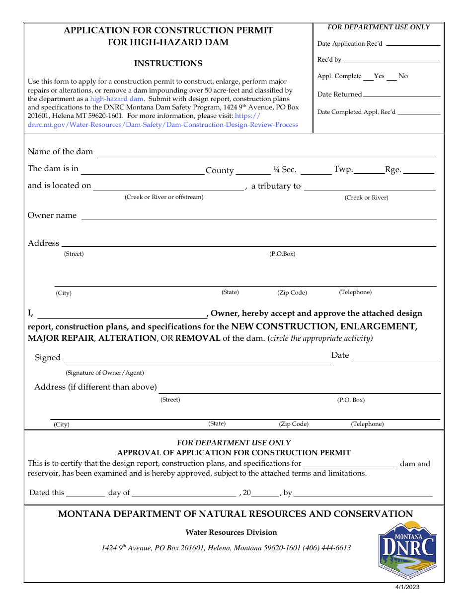 Montana Application for Construction Permit for HighHazard Dam Fill Out, Sign Online and