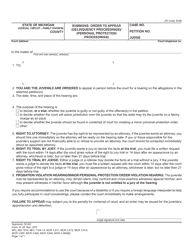Document preview: Form JC20 Summons: Order to Appear (Delinquency Proceedings)/(Personal Protection Proceedings) - Michigan