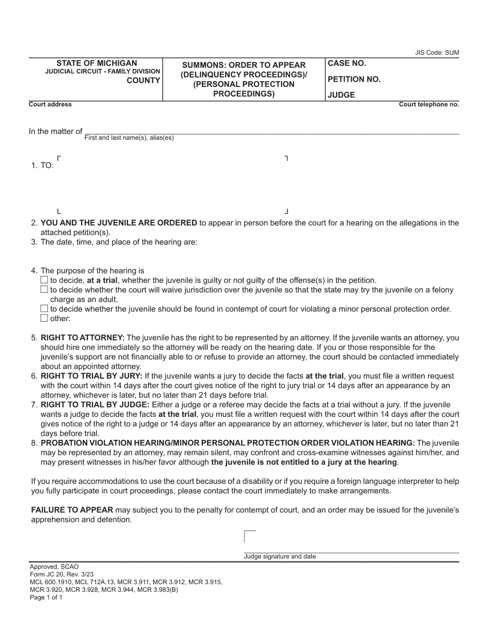 Form JC20 Summons: Order to Appear (Delinquency Proceedings) / (Personal Protection Proceedings) - Michigan, Page 1