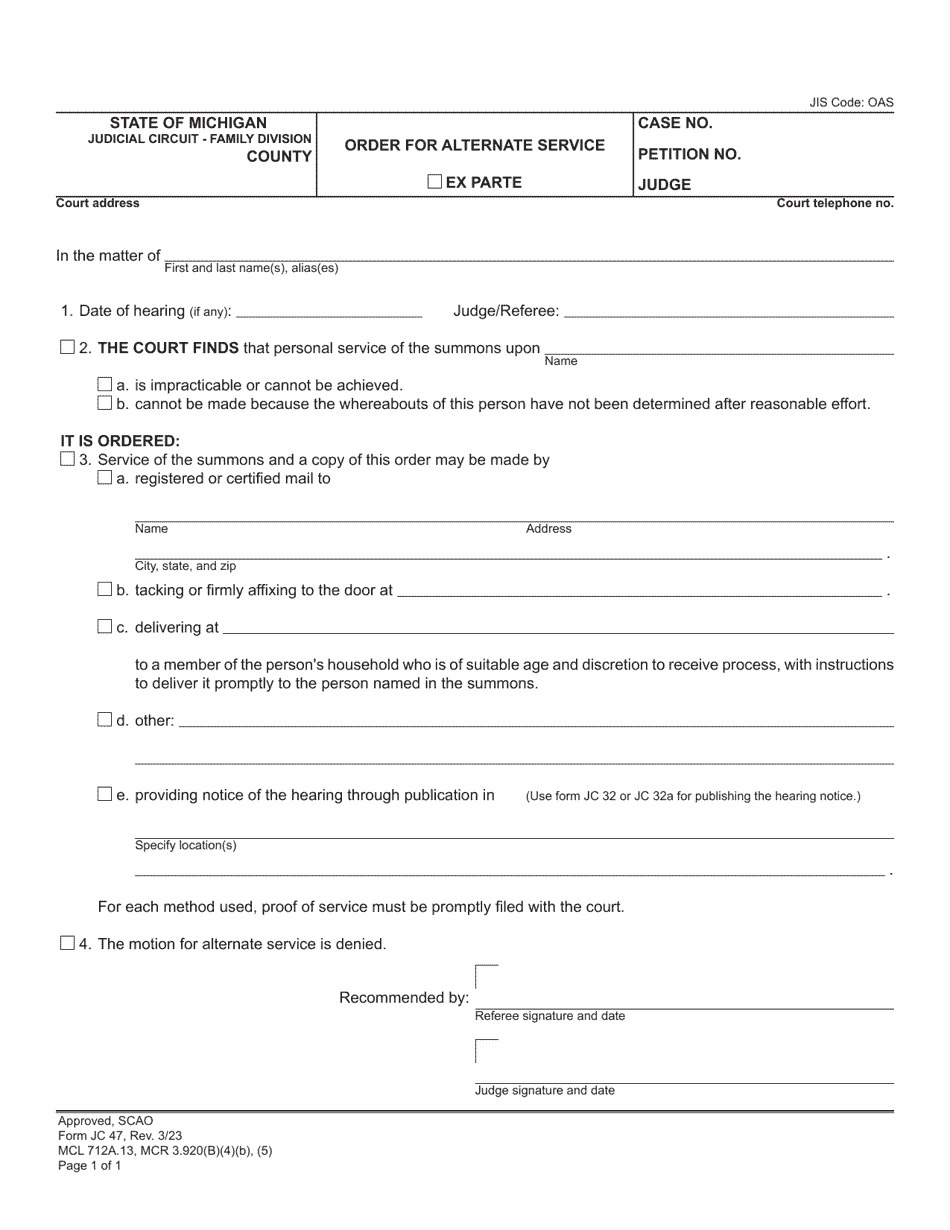 Form JC47 Order for Alternate Service - Michigan, Page 1
