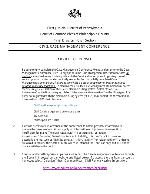 Form 01-105 Case Management Conference Memorandum - Philadelphia County, Pennsylvania