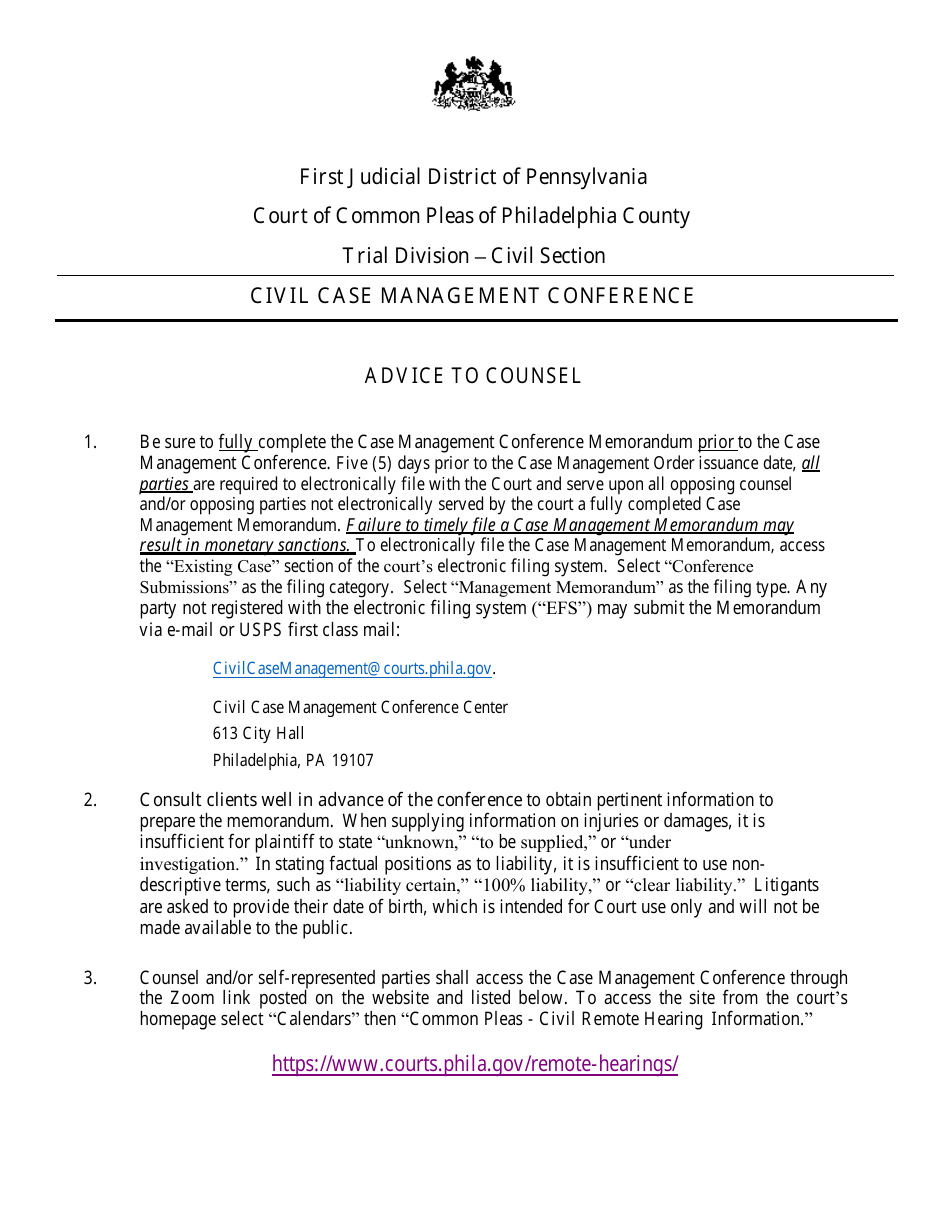 Form 01-105 Case Management Conference Memorandum - Philadelphia County, Pennsylvania, Page 1